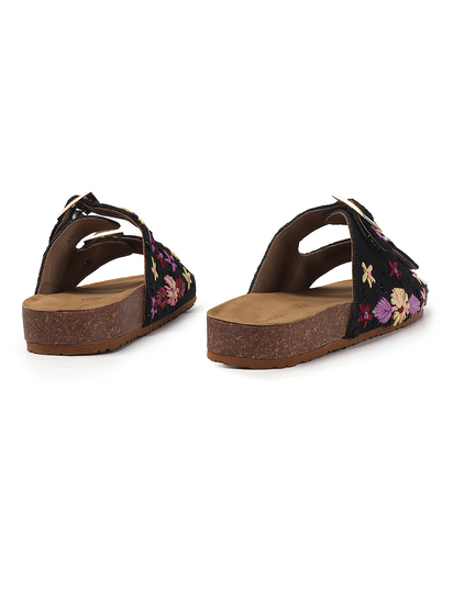 Earth Bloom Floral Jute Buckle Flats in Black