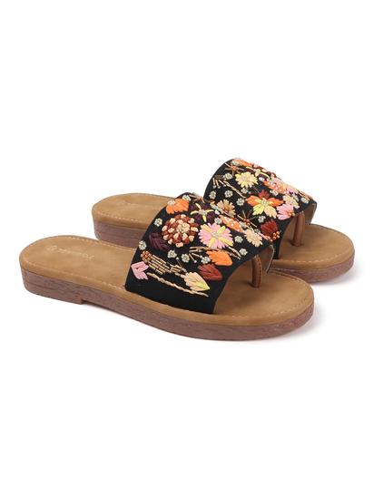 Desert Flower Slides With Ethnic Floral Detailing in Black