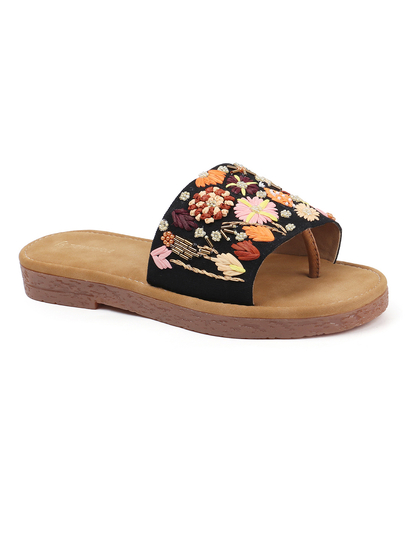 Desert Flower Slides With Ethnic Floral Detailing in Black