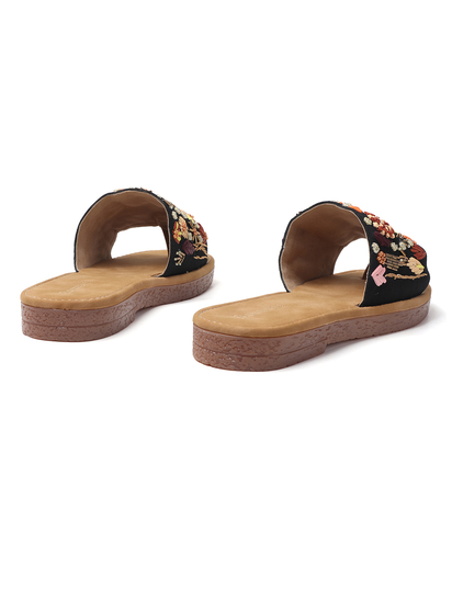 Desert Flower Slides With Ethnic Floral Detailing in Black