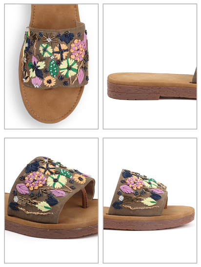 Desert Flower Slides With Ethnic Floral Detailing in Brown
