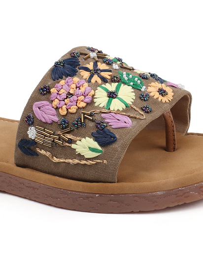 Desert Flower Slides With Ethnic Floral Detailing in Brown