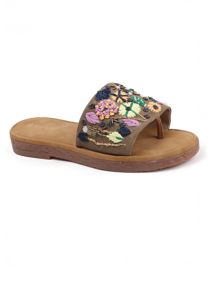 Desert Flower Slides With Ethnic Floral Detailing in Brown