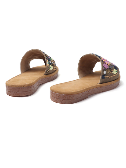 Desert Flower Slides With Ethnic Floral Detailing in Brown