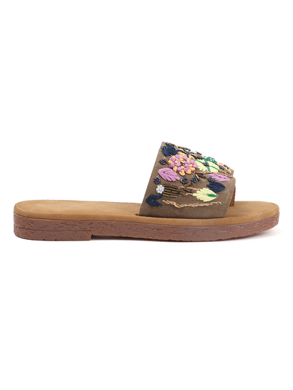 Desert Flower Slides With Ethnic Floral Detailing in Brown