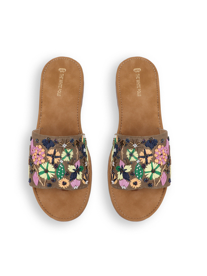 Desert Flower Slides With Ethnic Floral Detailing in Brown