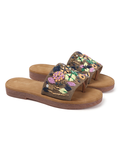 Desert Flower Slides With Ethnic Floral Detailing in Brown