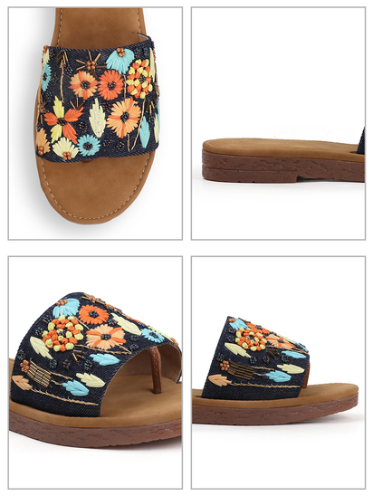 Desert Flower Slides With Ethnic Floral Detailing in Blue