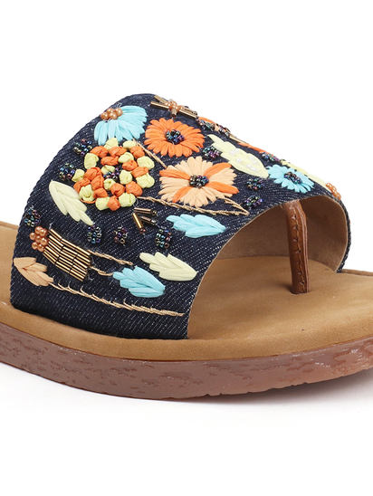 Desert Flower Slides With Ethnic Floral Detailing in Blue