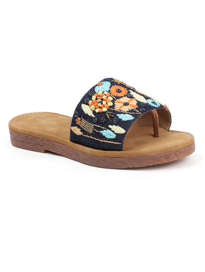 Desert Flower Slides With Ethnic Floral Detailing in Blue