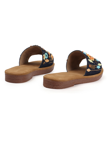 Desert Flower Slides With Ethnic Floral Detailing in Blue