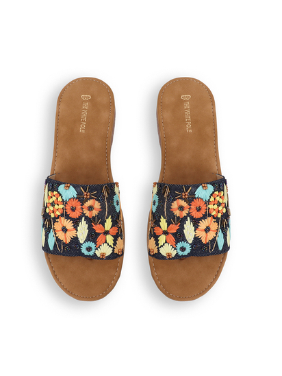 Desert Flower Slides With Ethnic Floral Detailing in Blue