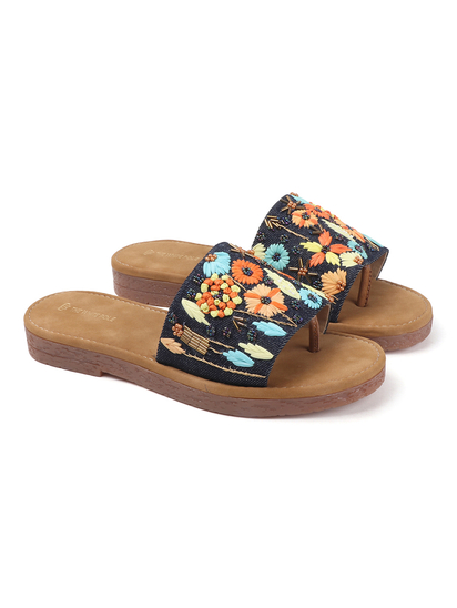 Desert Flower Slides With Ethnic Floral Detailing in Blue