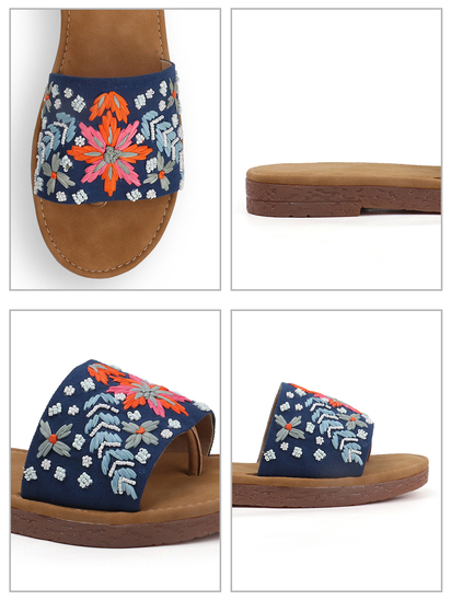 Tropical Thread Slip-Ons With Bold Floral Embroidery in Blue
