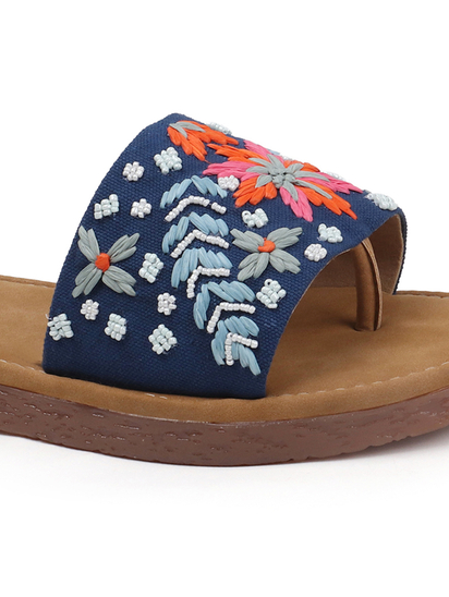 Tropical Thread Slip-Ons With Bold Floral Embroidery in Blue