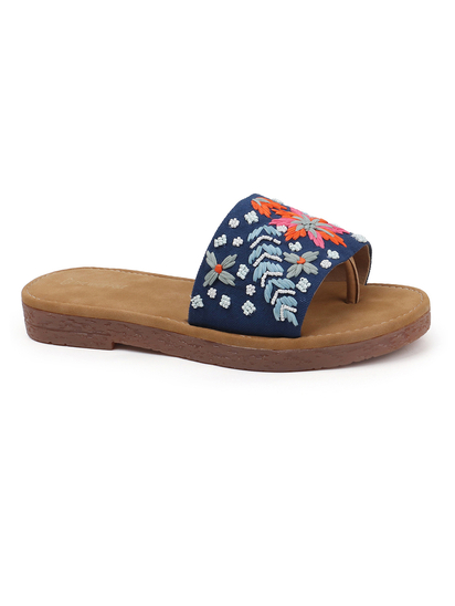 Tropical Thread Slip-Ons With Bold Floral Embroidery in Blue