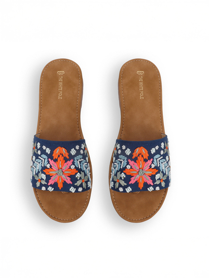 Tropical Thread Slip-Ons With Bold Floral Embroidery in Blue