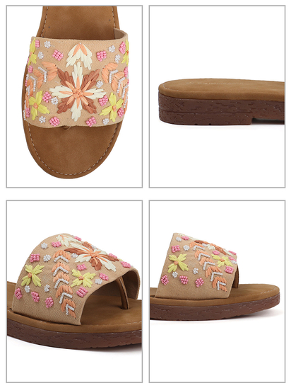 Tropical Thread Slip-Ons With Bold Floral Embroidery in Beige