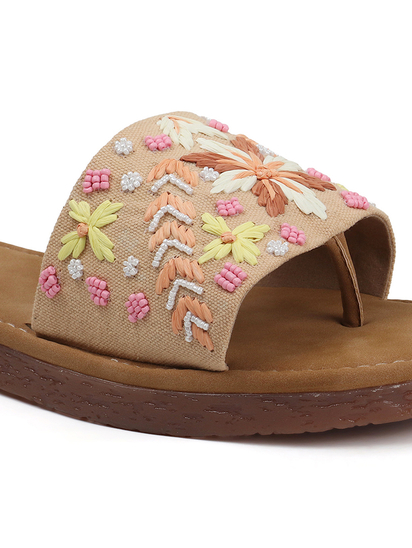 Tropical Thread Slip-Ons With Bold Floral Embroidery in Beige