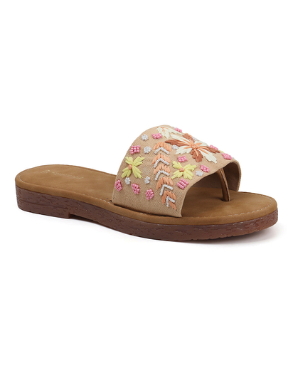 Tropical Thread Slip-Ons With Bold Floral Embroidery in Beige