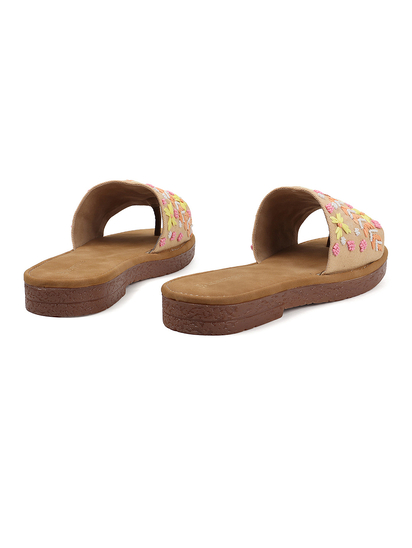 Tropical Thread Slip-Ons With Bold Floral Embroidery in Beige