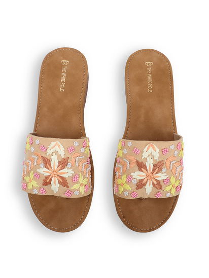 Tropical Thread Slip-Ons With Bold Floral Embroidery in Beige
