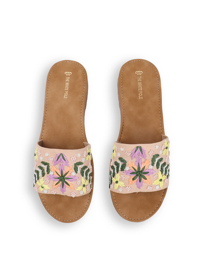 Tropical Thread Slip-Ons With Bold Floral Embroidery in Pink