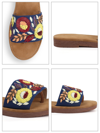 Sunflower Meadow Slides With Pastel Floral Threadwork in Blue