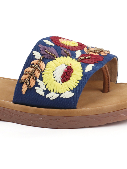 Sunflower Meadow Slides With Pastel Floral Threadwork in Blue