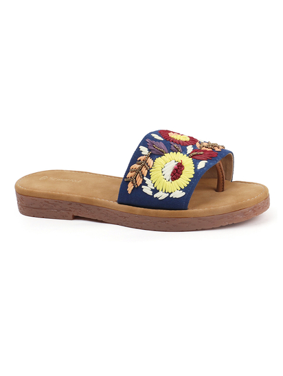 Sunflower Meadow Slides With Pastel Floral Threadwork in Blue