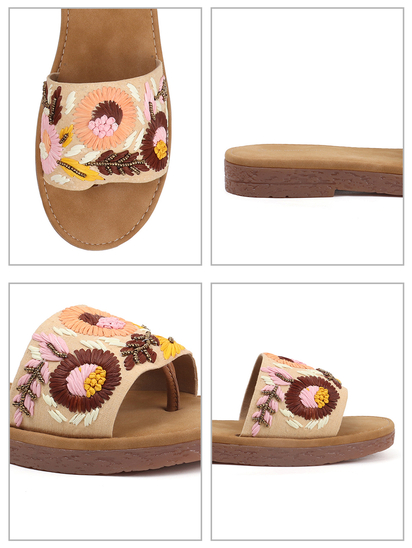 Sunflower Meadow Slides With Pastel Floral Threadwork in Cream