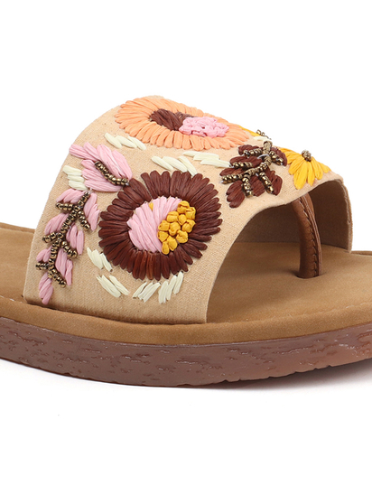 Sunflower Meadow Slides With Pastel Floral Threadwork in Cream