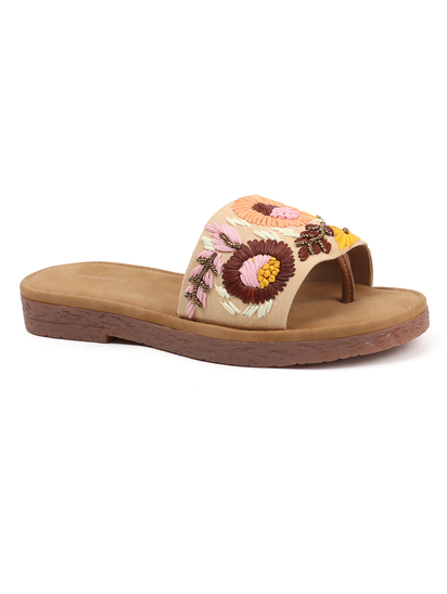 Sunflower Meadow Slides With Pastel Floral Threadwork in Cream