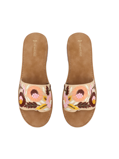 Sunflower Meadow Slides With Pastel Floral Threadwork in Cream