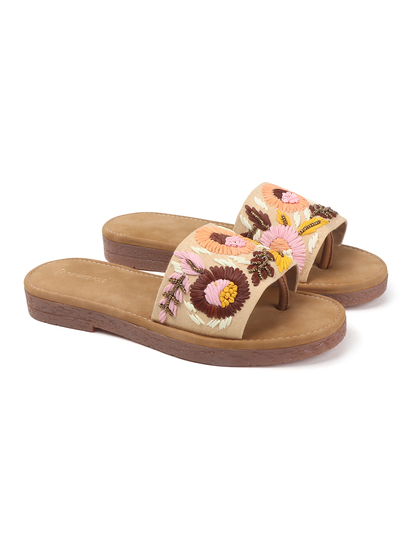 Sunflower Meadow Slides With Pastel Floral Threadwork in Cream