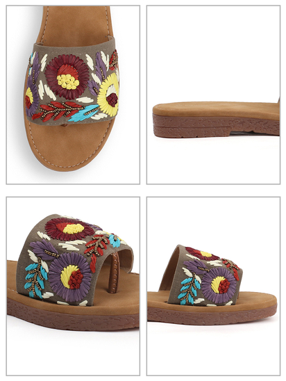 Sunflower Meadow Slides With Pastel Floral Threadwork in Brown