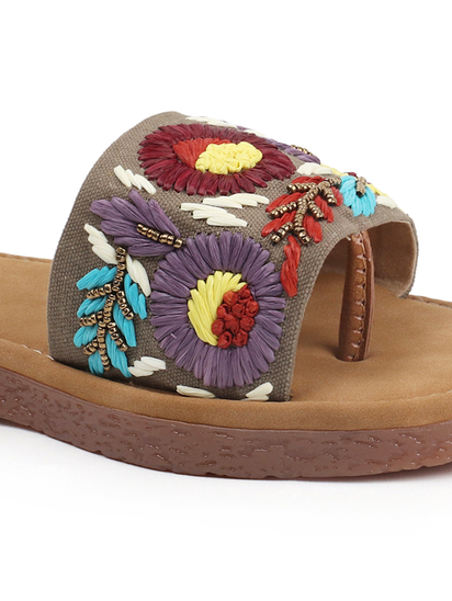 Sunflower Meadow Slides With Pastel Floral Threadwork in Brown