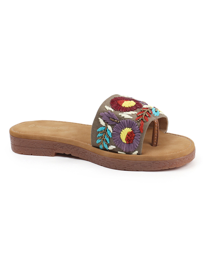 Sunflower Meadow Slides With Pastel Floral Threadwork in Brown