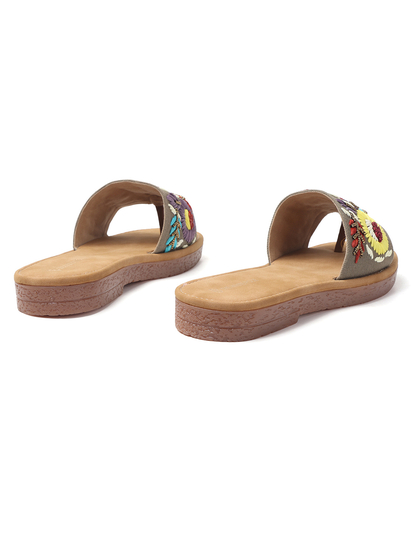 Sunflower Meadow Slides With Pastel Floral Threadwork in Brown