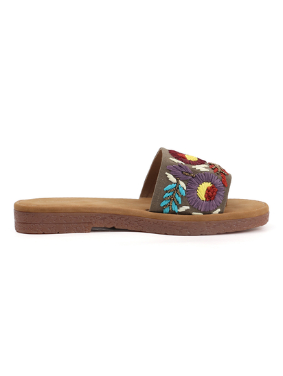 Sunflower Meadow Slides With Pastel Floral Threadwork in Brown