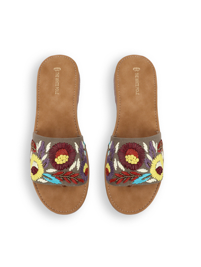 Sunflower Meadow Slides With Pastel Floral Threadwork in Brown