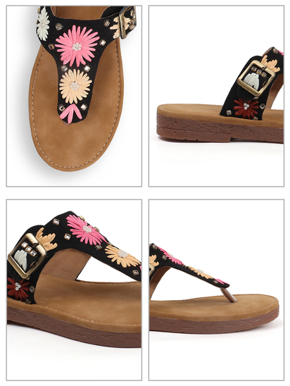 Floral Buckle Flats With Toe-Ring in Black