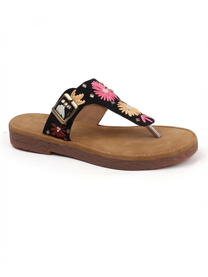 Floral Buckle Flats With Toe-Ring in Black