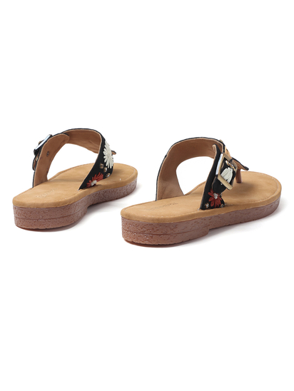 Floral Buckle Flats With Toe-Ring in Black