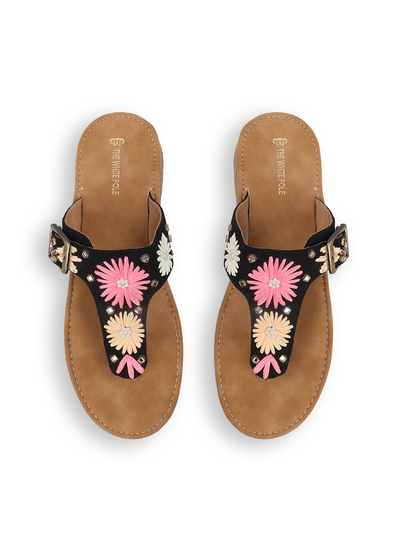 Floral Buckle Flats With Toe-Ring in Black