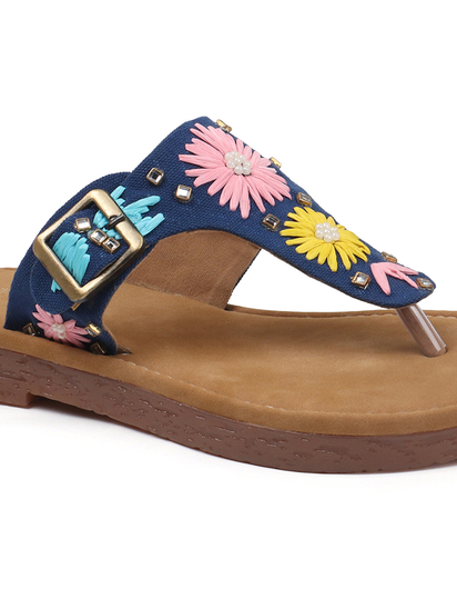 Floral Buckle Flats With Toe-Ring in Blue