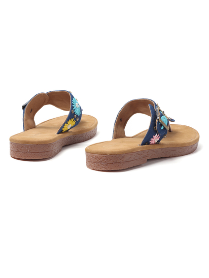 Floral Buckle Flats With Toe-Ring in Blue