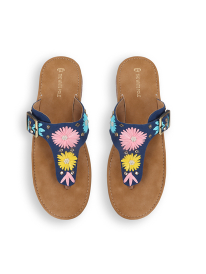 Floral Buckle Flats With Toe-Ring in Blue