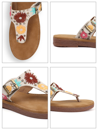 Floral Buckle Flats With Toe-Ring in White