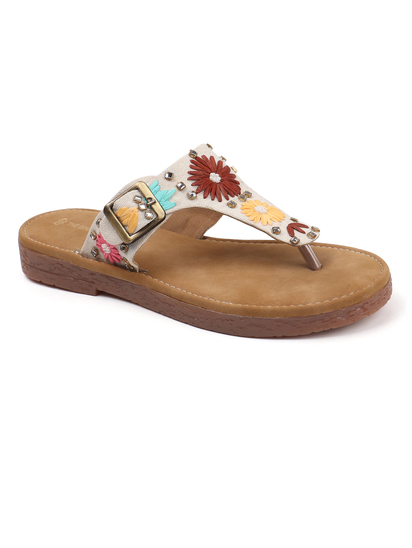 Floral Buckle Flats With Toe-Ring in White